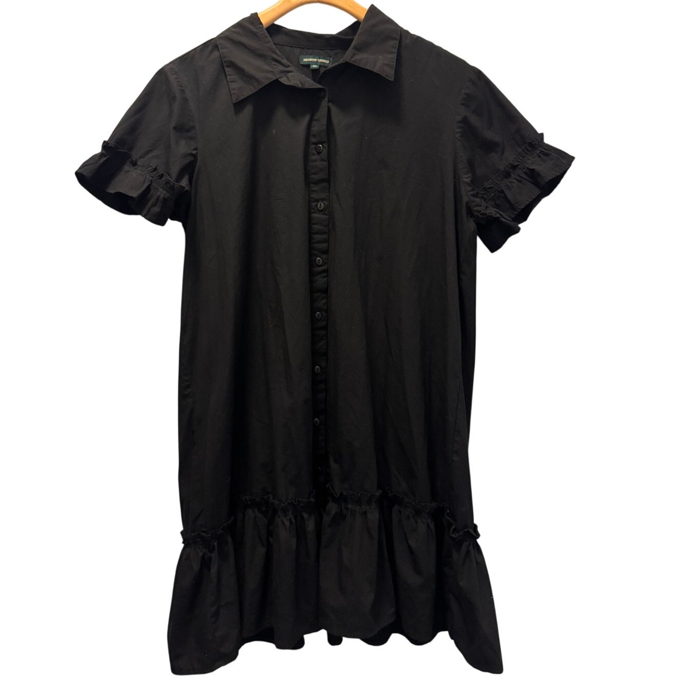 Meadow Rhodes Women's Black Mini Shirt Dress Button Up Ruffle Short Sleeve Sz Xl